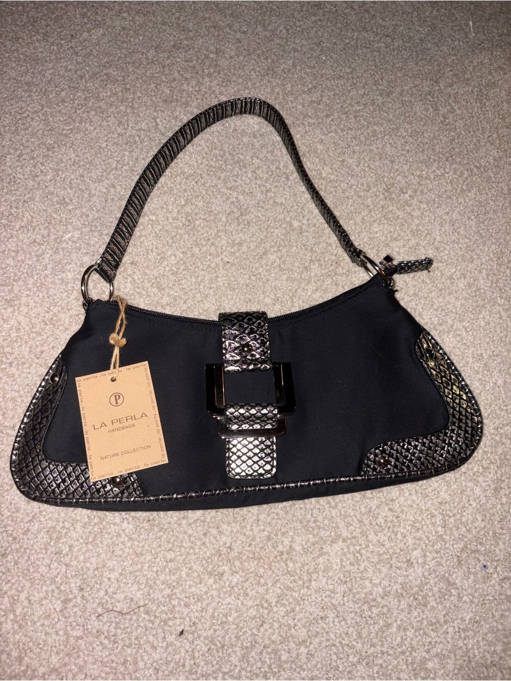 Black Shoulder Bag with Textured Trim